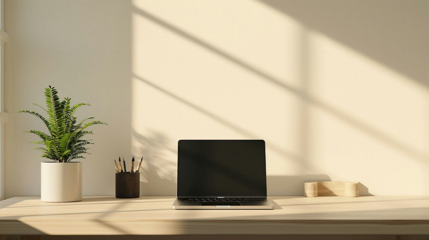 A tidy wooden desk with a laptop, a fern and a cup of pencils in warm afternoon light.